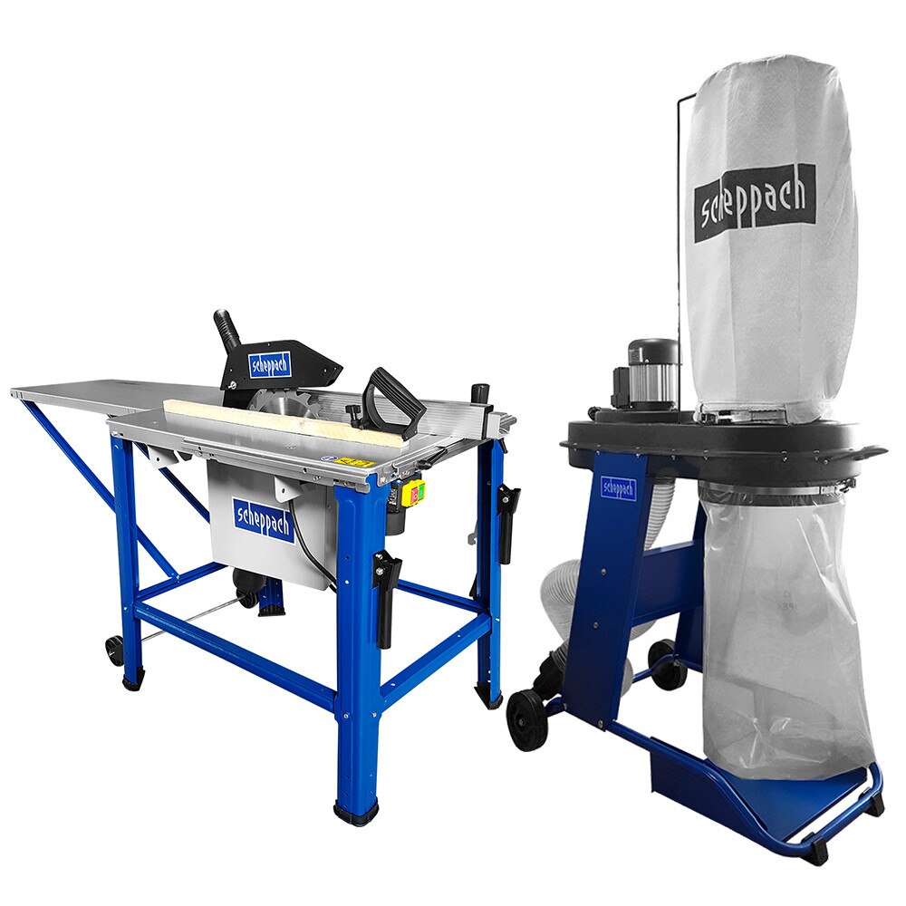 Fierastrau circular, electric, Scheppach HS 120o, putere 2800 W, inaltime de taiere 83 mm, diametru panza 315 mm, reglabila + Aspirator pentru rumegus, Scheppach HD 12, putere absorbita 550 W, debit aer 1150 m3/h, recipient 75 l