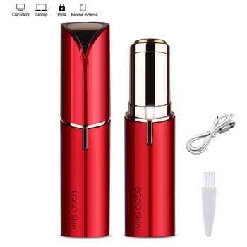 Epilator facial cu incarcare USB, Trimmer EGGO Skin, Aparat portabil pentru indepartarea parului facial cu LED - Flawless Finishing Touch USB - Rosu/ Cherry Red