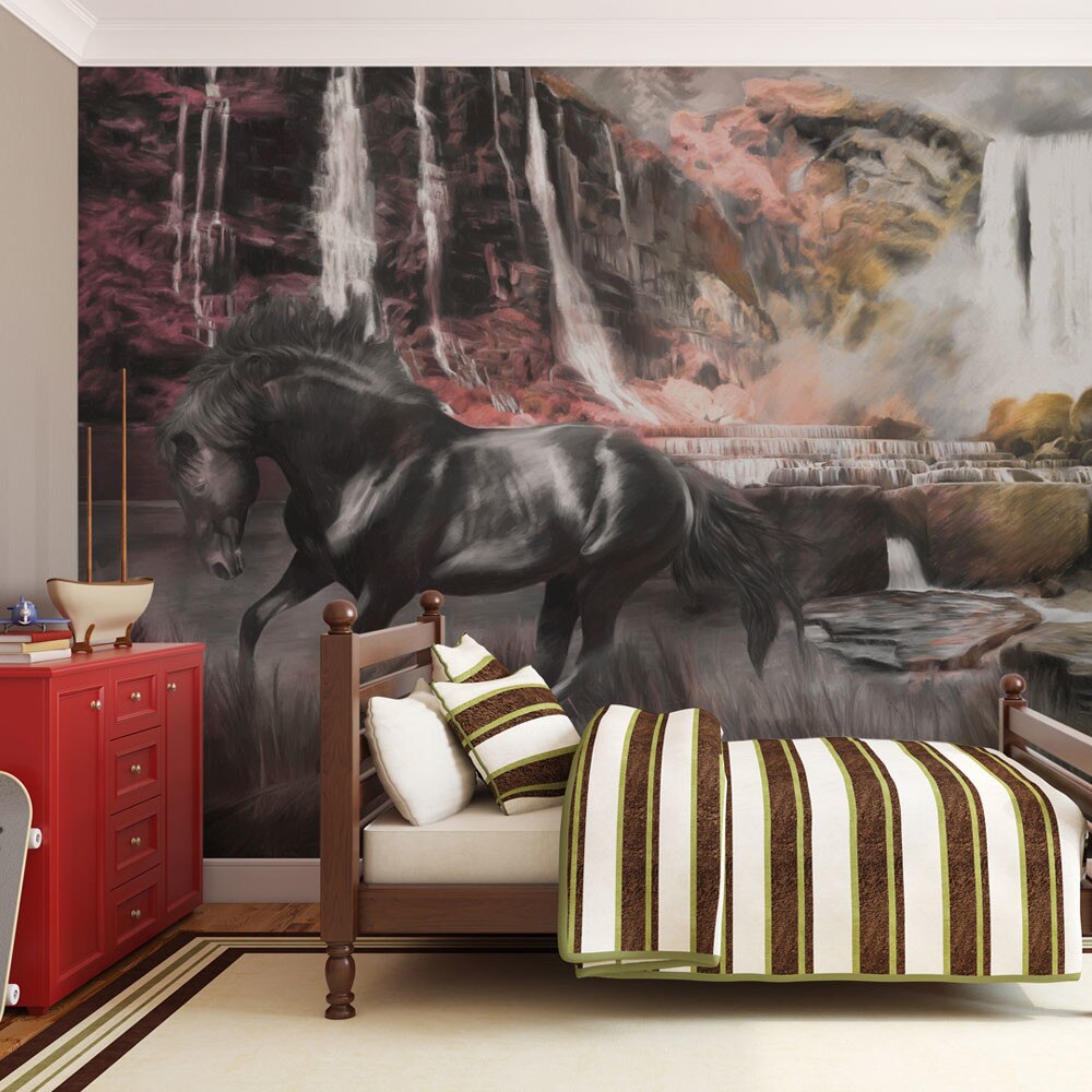 Fototapet vlies - Black horse by a waterfall - 350 x 270 cm