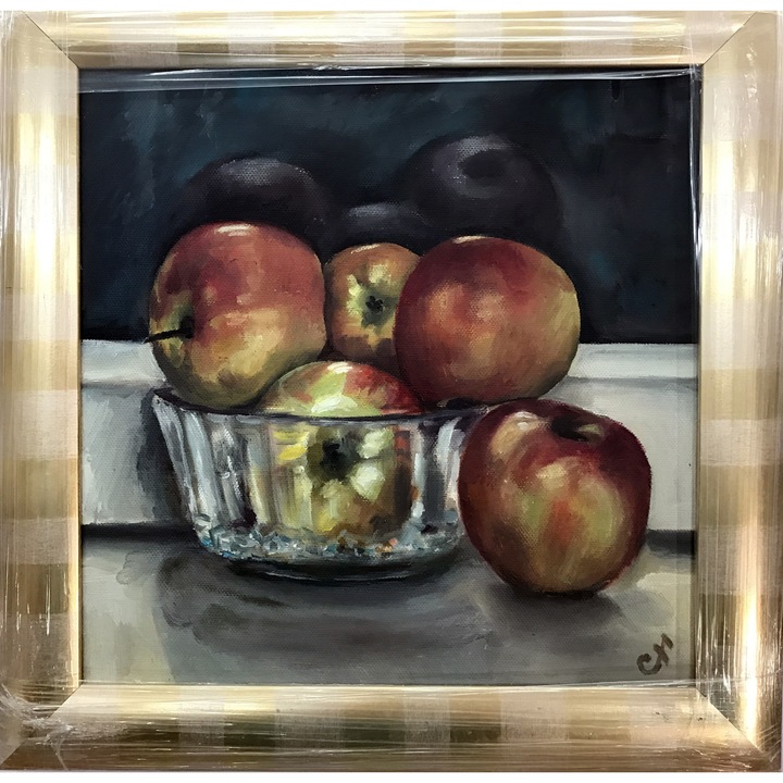 Картина с маслени бои "Ябълки в кристална купа", 37x37 см. натюрморт от PenichArt ателие и галерия