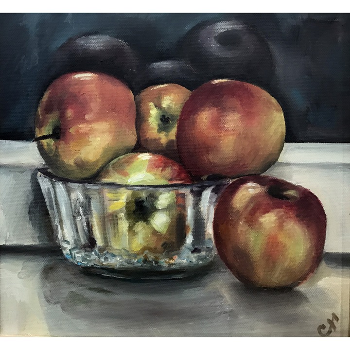 Картина с маслени бои "Ябълки в кристална купа", 37x37 см. натюрморт от PenichArt ателие и галерия