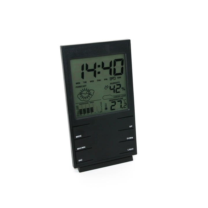 Statie meteo cu ceas desteptator 3220 negru, grafic valori pe zile, ceas cu alarma, nivel confort, valori min/max