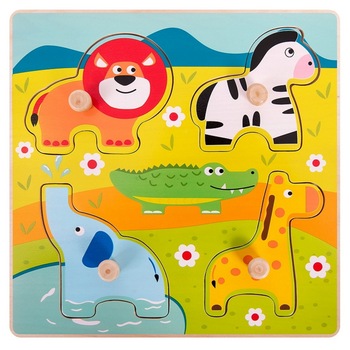 Puzzle din Lemn Jouéco, 4 piese, Animale salbatice Puzzle din Lemn Jouéco, 4 piese, Animale salbatice