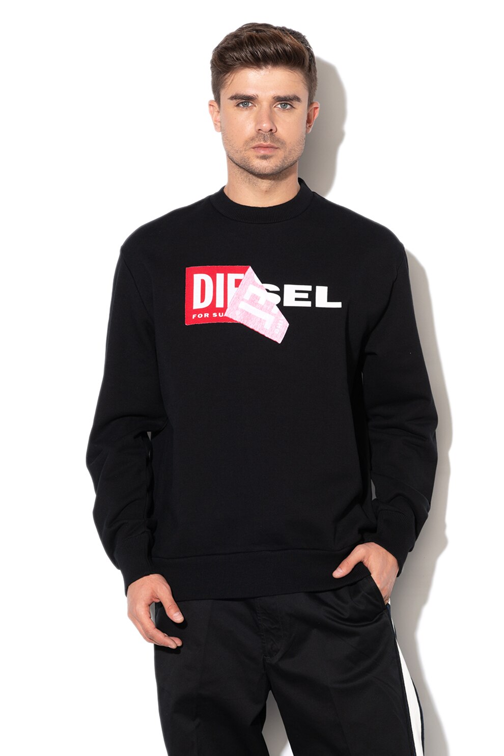 Diesel, Bluza sport cu imprimeu logo si decolteu la baza gatului Samy, Negru