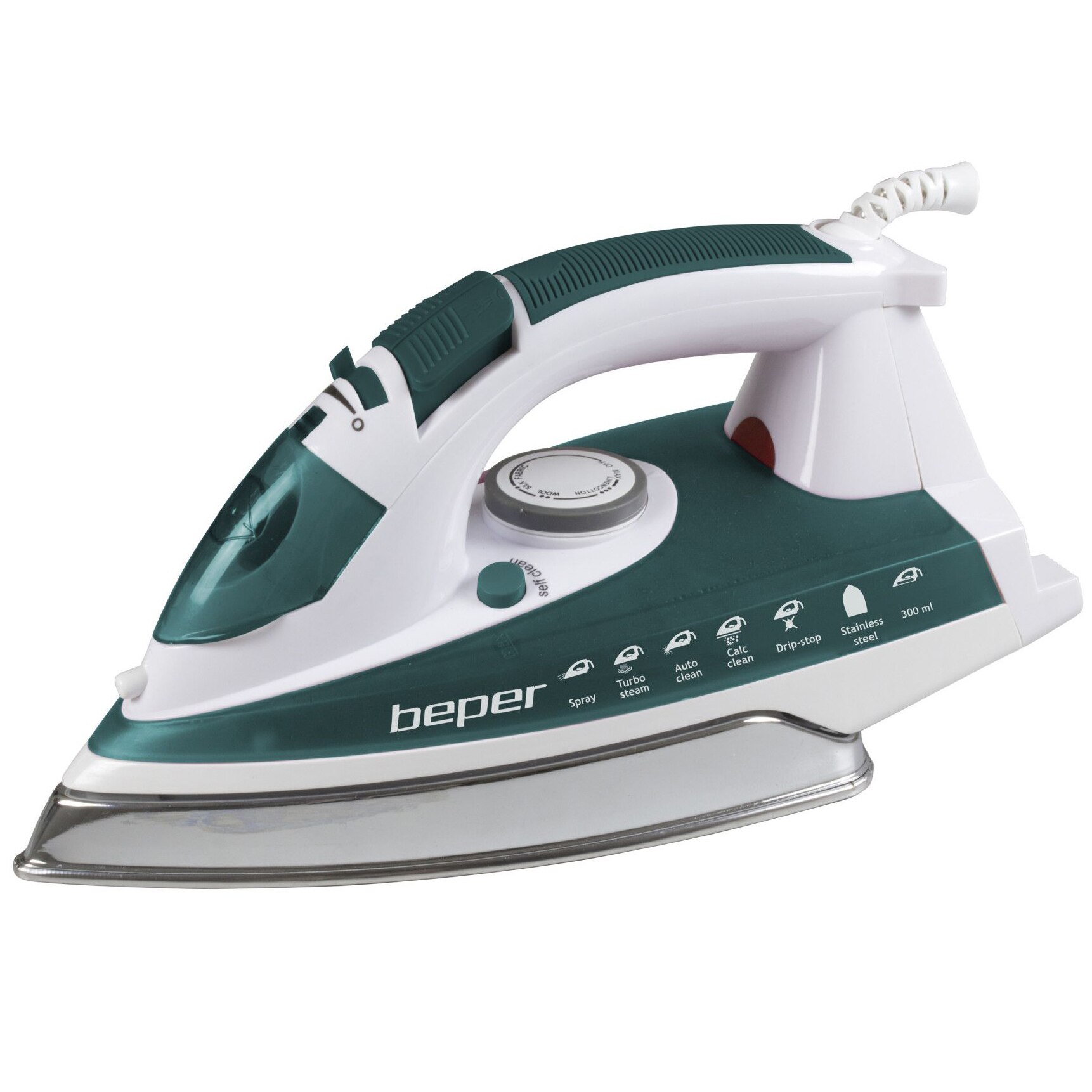 Fier de calcat Beper 50.131, 2200 W, talpa inox, abur vertical, functie anti-picurare, Alb/Verde