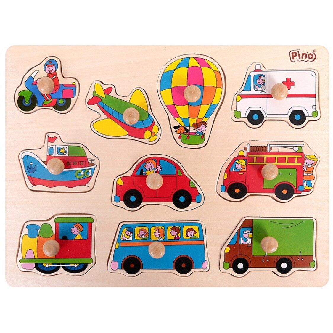Puzzle din lemn cu manere, Pino, Vehicule, 10 piese