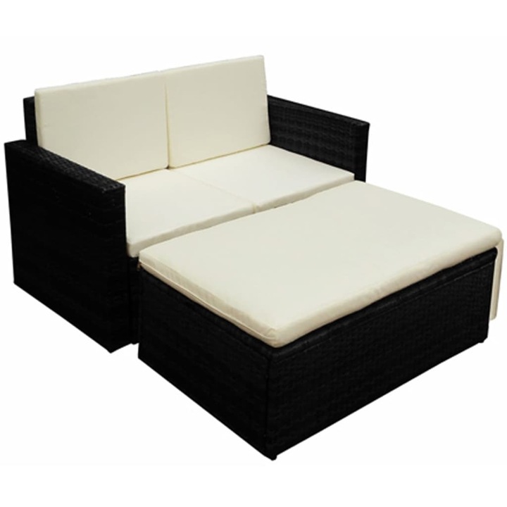 vidaXL 2-részes fekete polyrattan kerti bútorszett párnákkal 21.68 kg 42734
