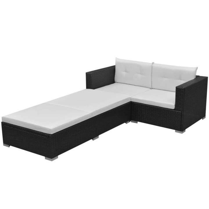 vidaXL 3-részes fekete polyrattan kerti bútorszett párnákkal 26.91 kg 42748
