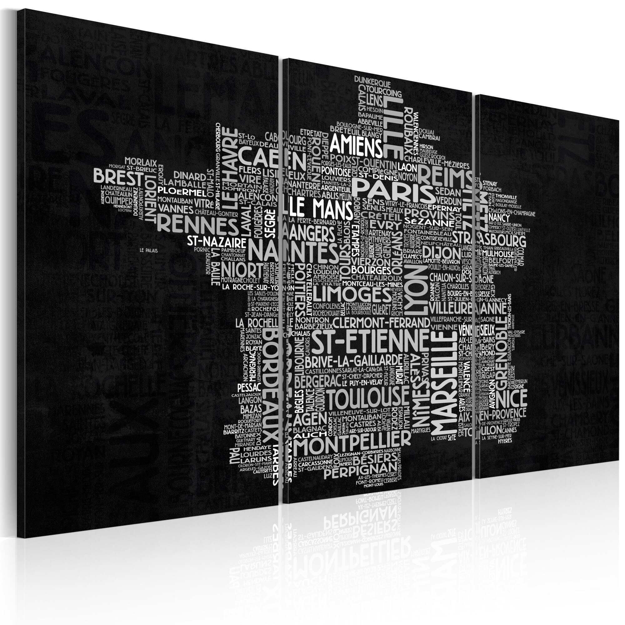 Tablou canvas 3 piese - Harta text a Frantei pe tripticul de fundal negru - 120x80 cm