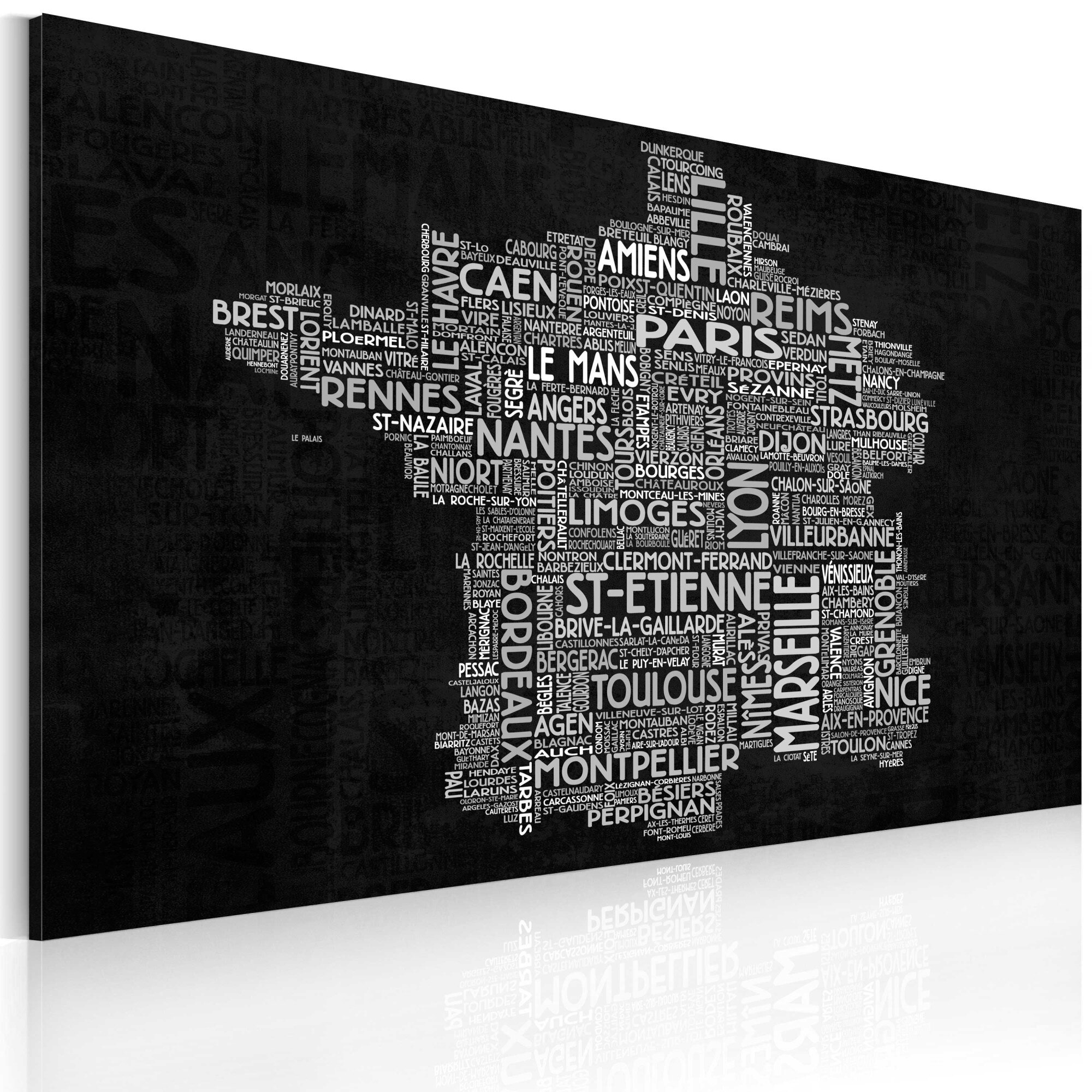 Tablou canvas - Harta text a Frantei pe fundal negru - 90x60 cm