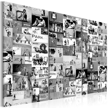 Tablou canvas 3 piese - Banksy: Graffiti Collage III - 120x80 cm Tablou canvas 3 piese - Banksy: Graffiti Collage III - 120x80 cm