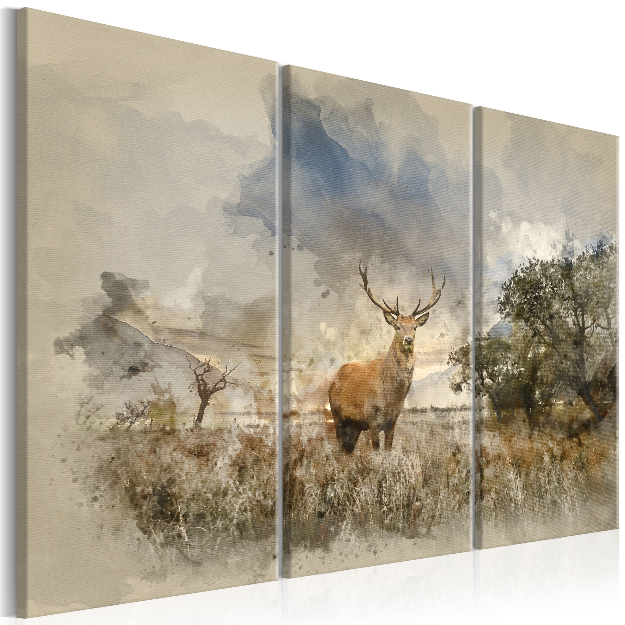 Tablou canvas 3 piese - Cerbul In campul I - 120x80 cm