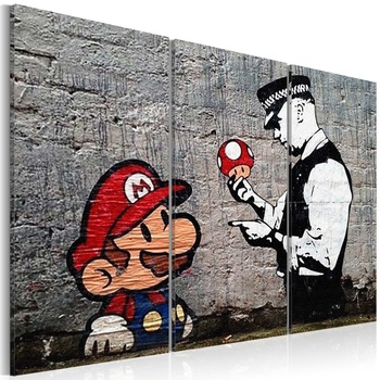 Tablou canvas 3 piese - Super Mario ciuperci de Banksy - 90x60 cm