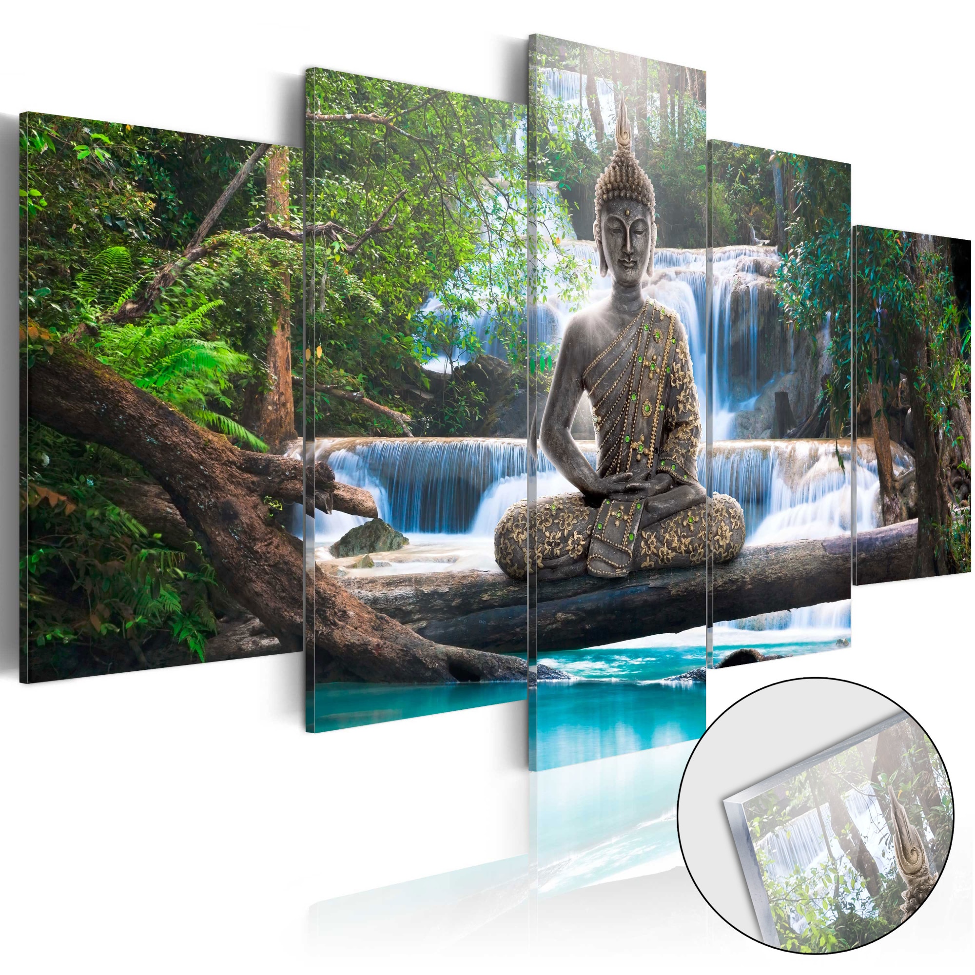 Imagine pe sticla acrilica - Buddha si Cascada - Tablou 5 piese - 200 x 100 cm