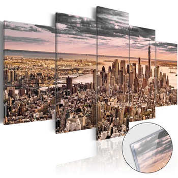 Imagine pe sticla acrilica - New York: dimineata cerului - Tablou 5 piese - 100 x 50 cm