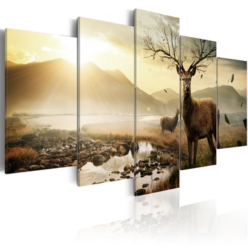 Tablou canvas 5 piese - Tundra si cerb - 100x50 cm Tablou canvas 5 piese - Tundra si cerb - 100x50 cm