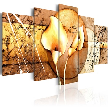 Tablou canvas 5 piese - Secretul lui Calla Lily Gold - 200x100 cm Tablou canvas 5 piese - Secretul lui Calla Lily Gold - 200x100 cm