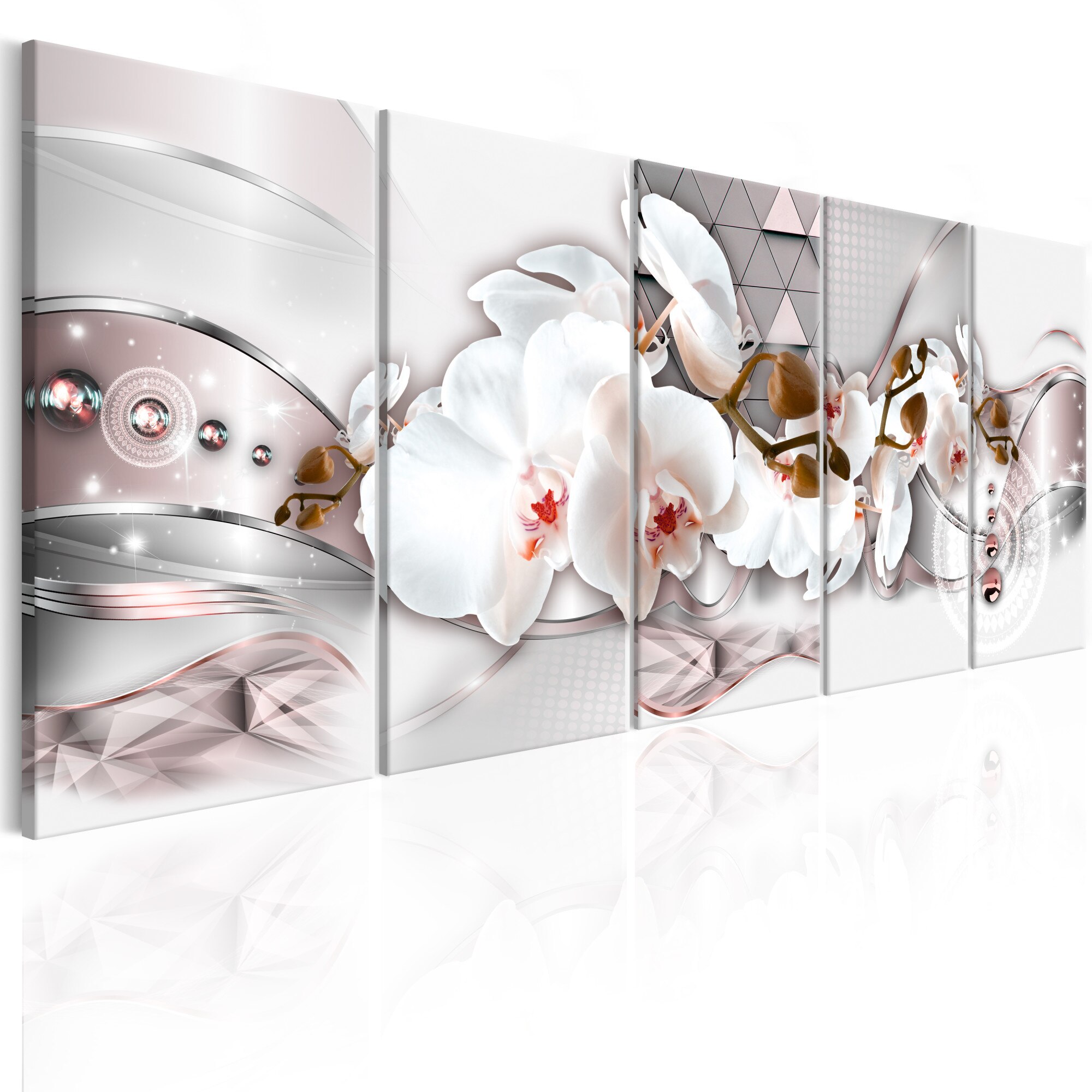 Tablou canvas 5 piese - Orhideele si triunghiurile - 225x90 cm