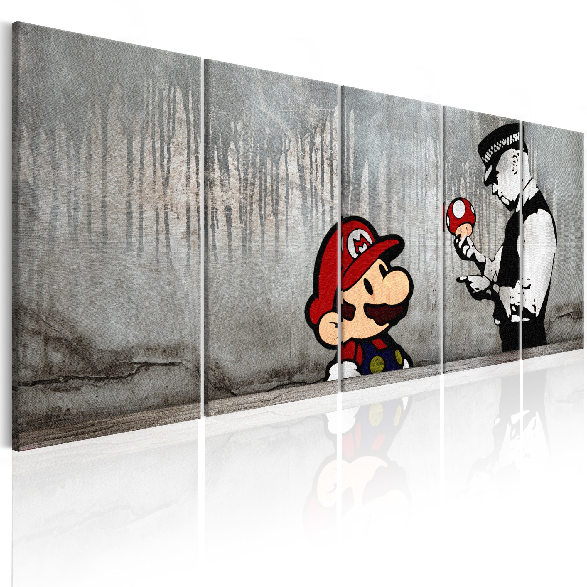 Tablou canvas 5 piese - Mario Bros pe beton - 225x90 cm