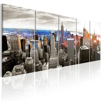 Tablou canvas 5 piese - New York: blocuri de turnuri gri - 225x90 cm Tablou canvas 5 piese - New York: blocuri de turnuri gri - 225x90 cm