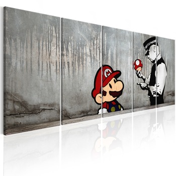 Tablou canvas 5 piese - Mario Bros pe beton - 200x80 cm