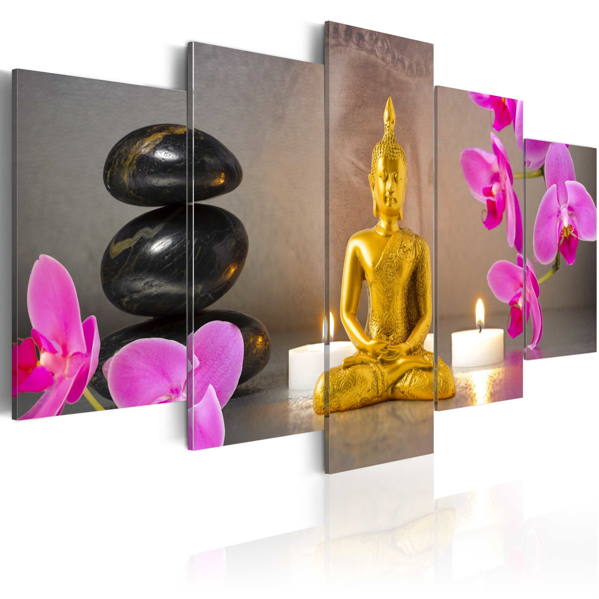 Tablou canvas 5 piese - Buddha de aur si orhidee - 100x50 cm