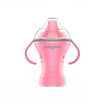 Biberon cu cioc si manere 260 ml BabyOno 1457R, Roz 6+ luni Biberon cu cioc si manere 260 ml BabyOno 1457R, Roz 6+ luni