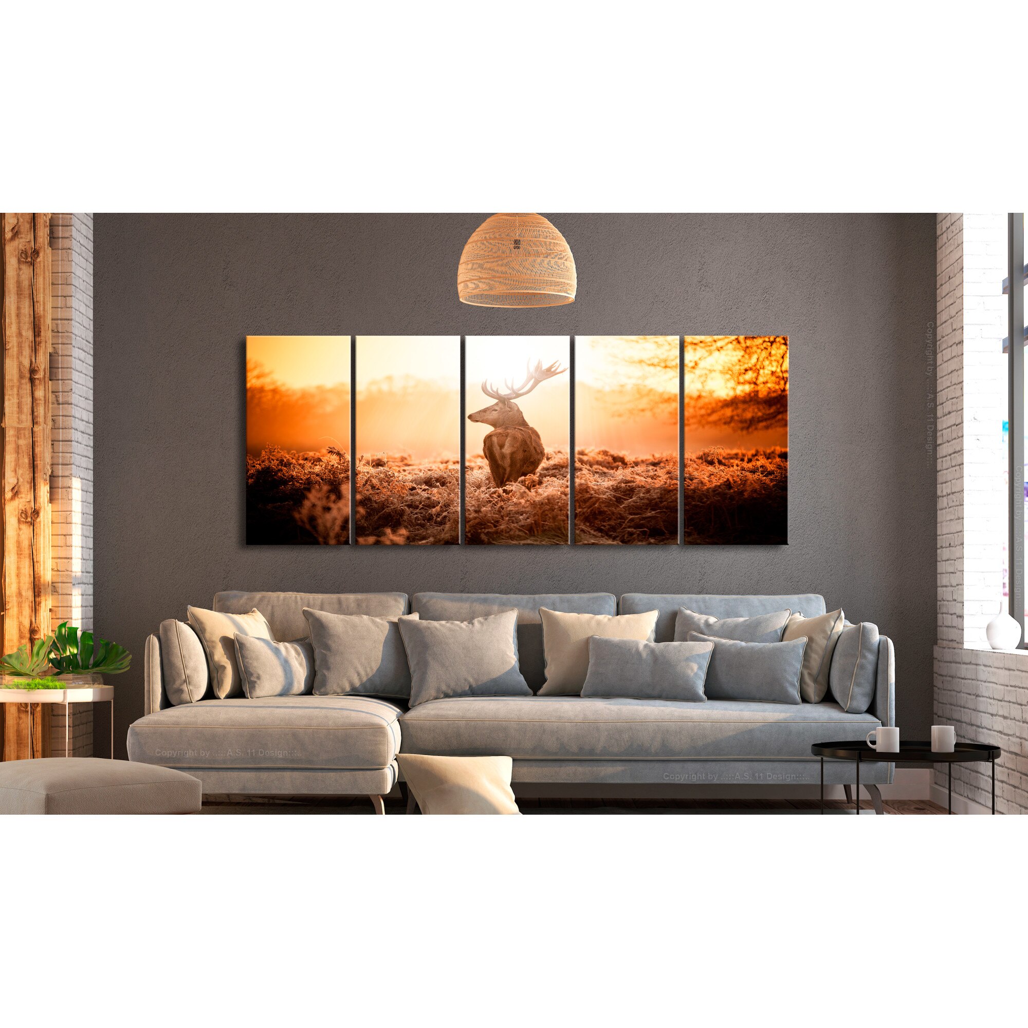 Tablou canvas 5 piese - Deer la apusul soarelui - 225x90 cm