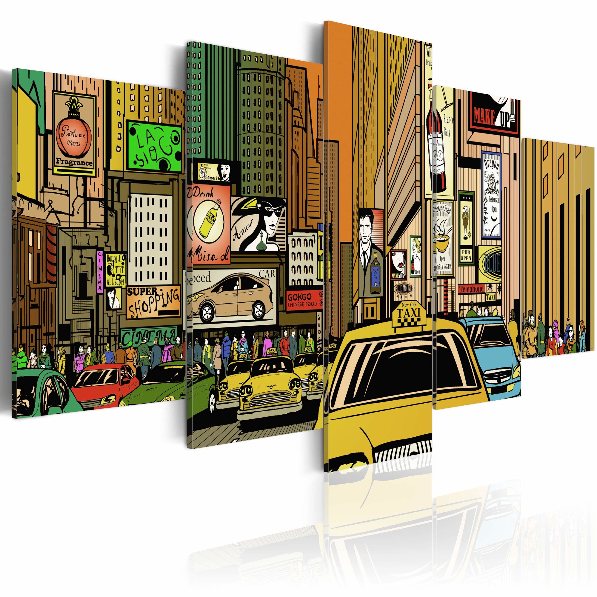 Tablou canvas 5 piese - Strazile orasului New York In desene animate - 200x100 cm