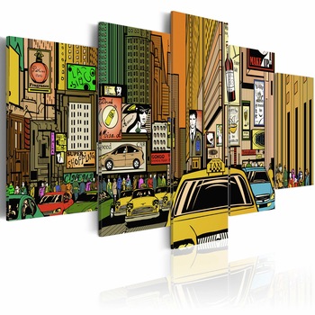 Tablou canvas 5 piese - Strazile orasului New York In desene animate - 200x100 cm
