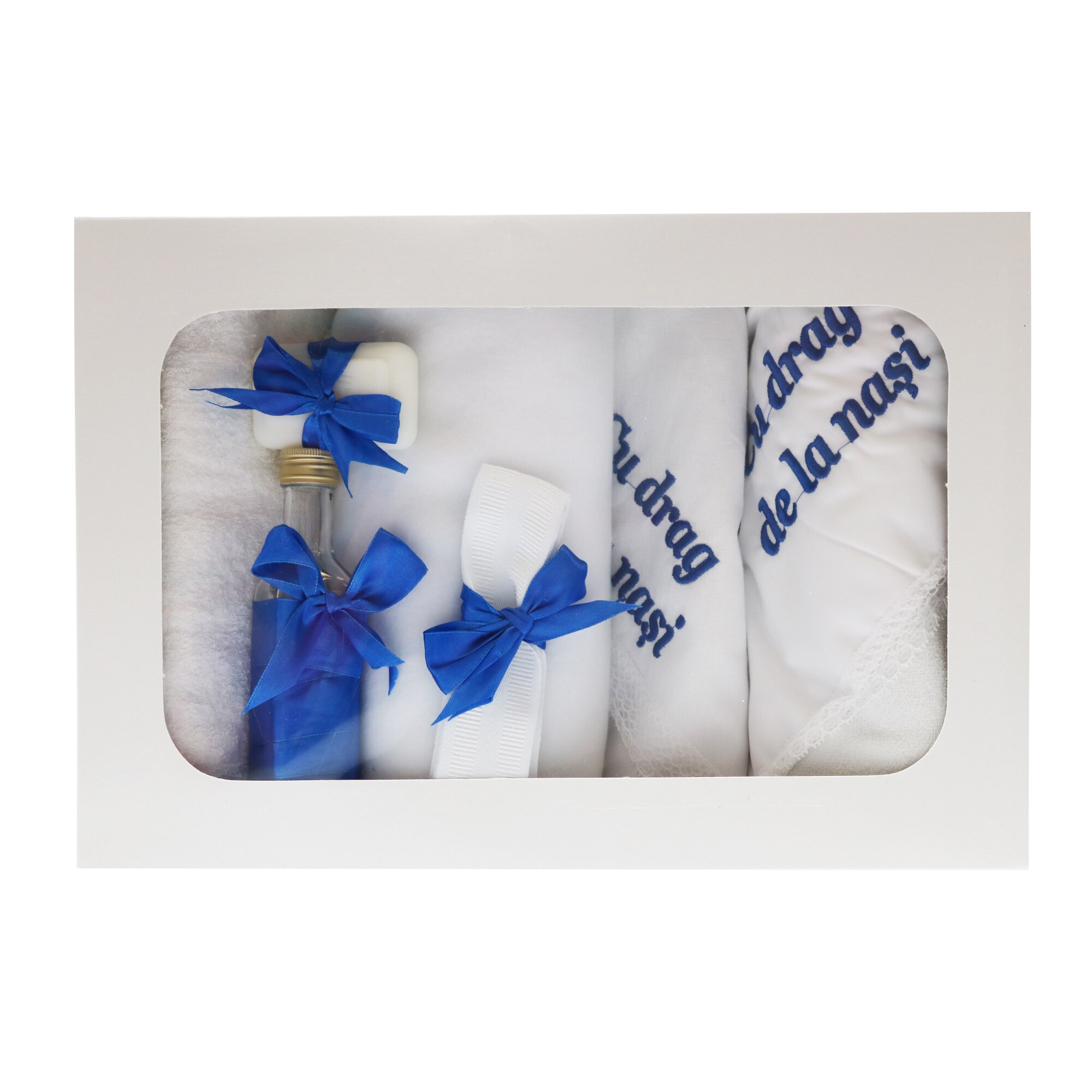 Trusou pentru botez, 7 piese, alb/albastru, dae1542