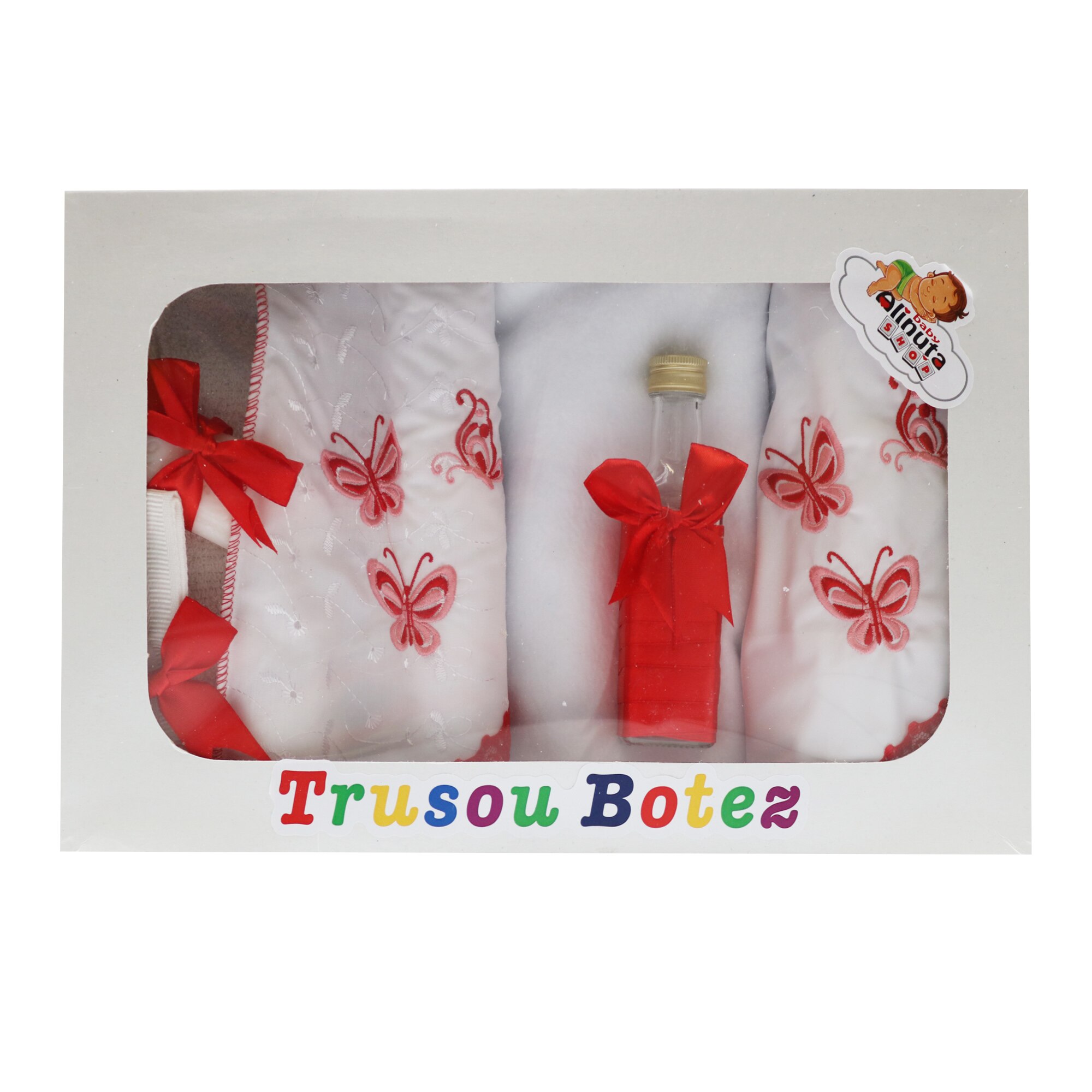 Trusou pentru botez, 7 piese, alb/rosu, dae1543