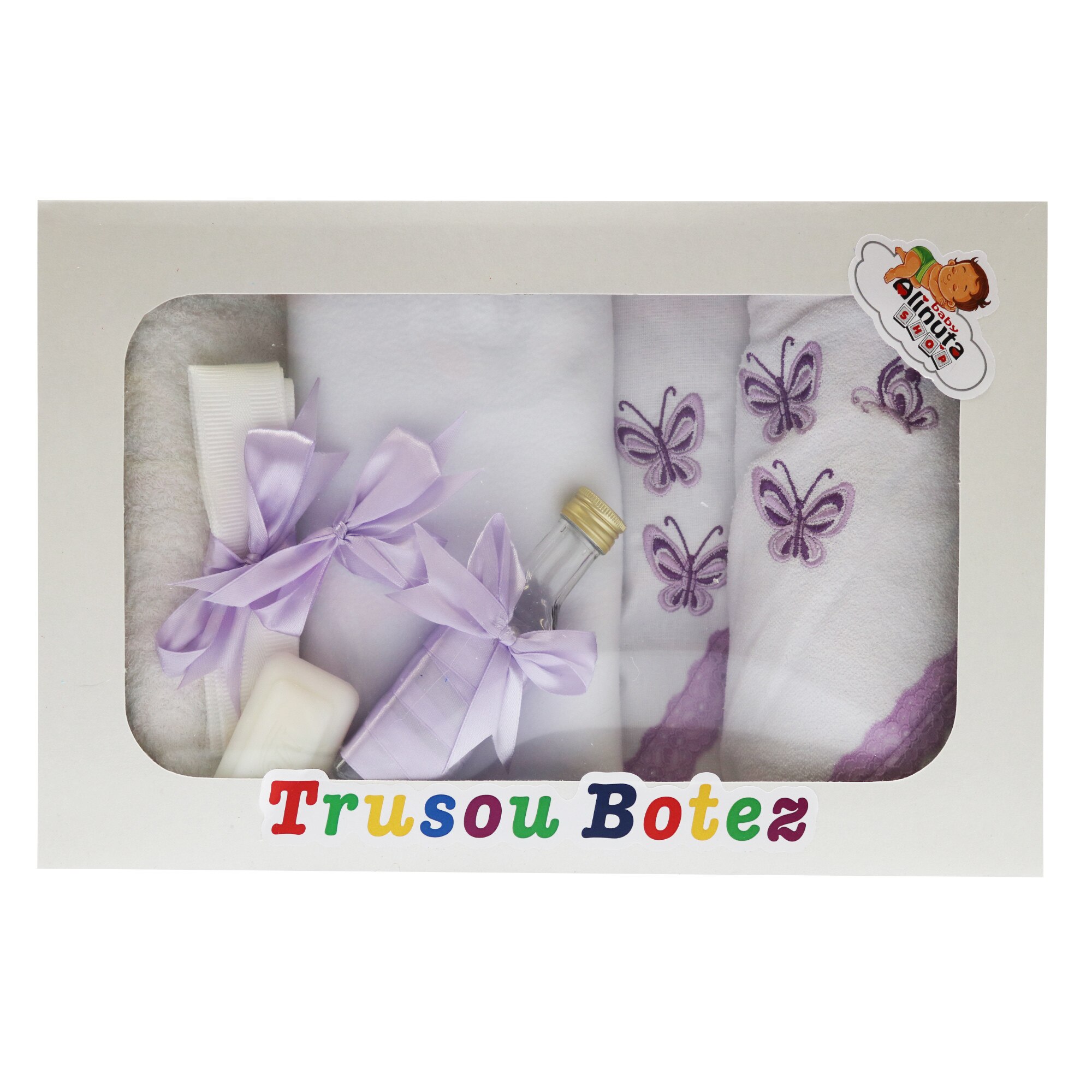 Trusou pentru botez, 7 piese, alb/lila, dae1545