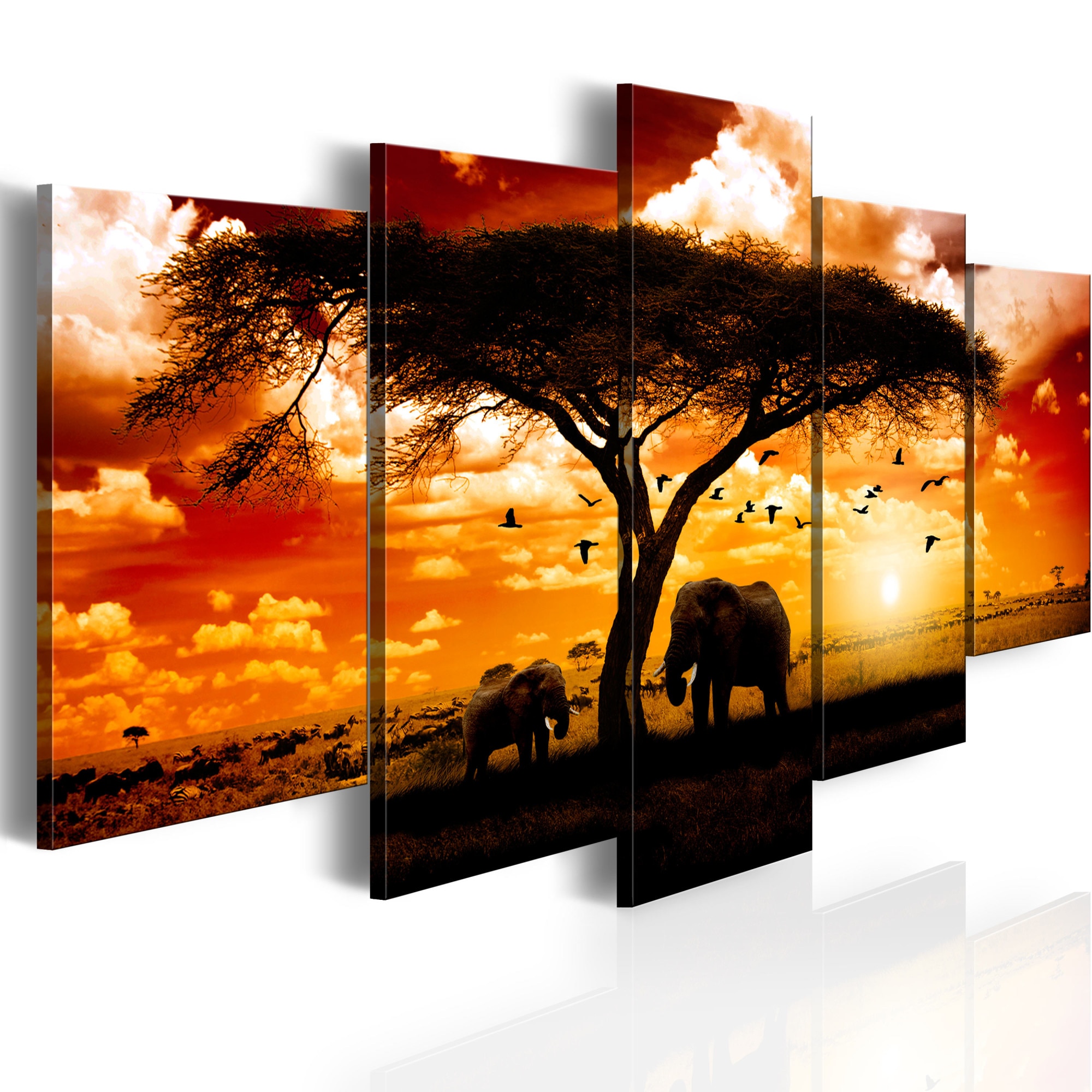 Tablou canvas 5 piese - Flock de pasari peste savana - 100x50 cm