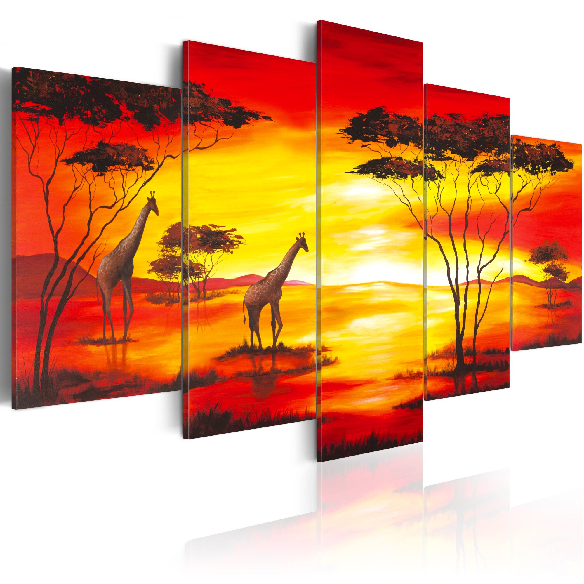 Tablou canvas 5 piese - Girafe In fundal cu apus de soare - 200x100 cm