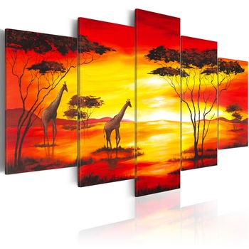 Tablou canvas 5 piese - Girafe In fundal cu apus de soare - 200x100 cm Tablou canvas 5 piese - Girafe In fundal cu apus de soare - 200x100 cm