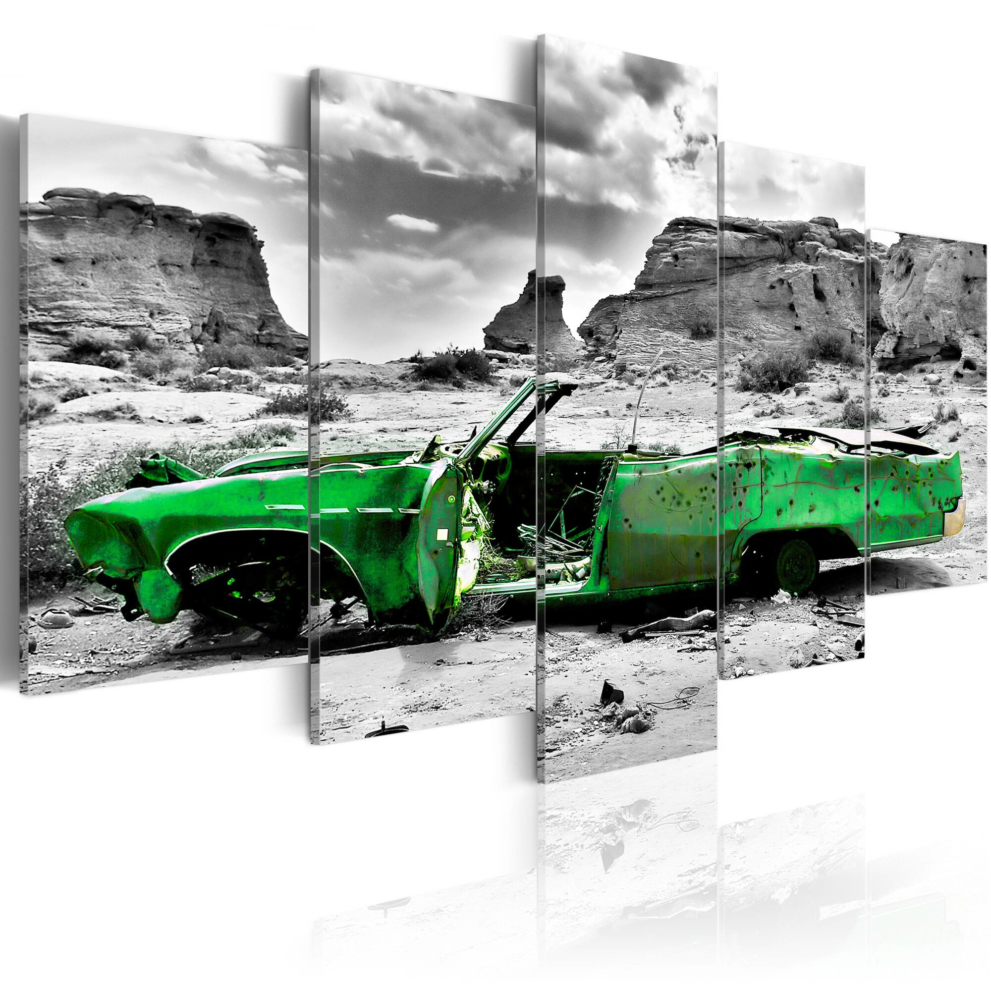 Tablou canvas 5 piese - Verde masina retro In Desertul Colorado - 100x50 cm