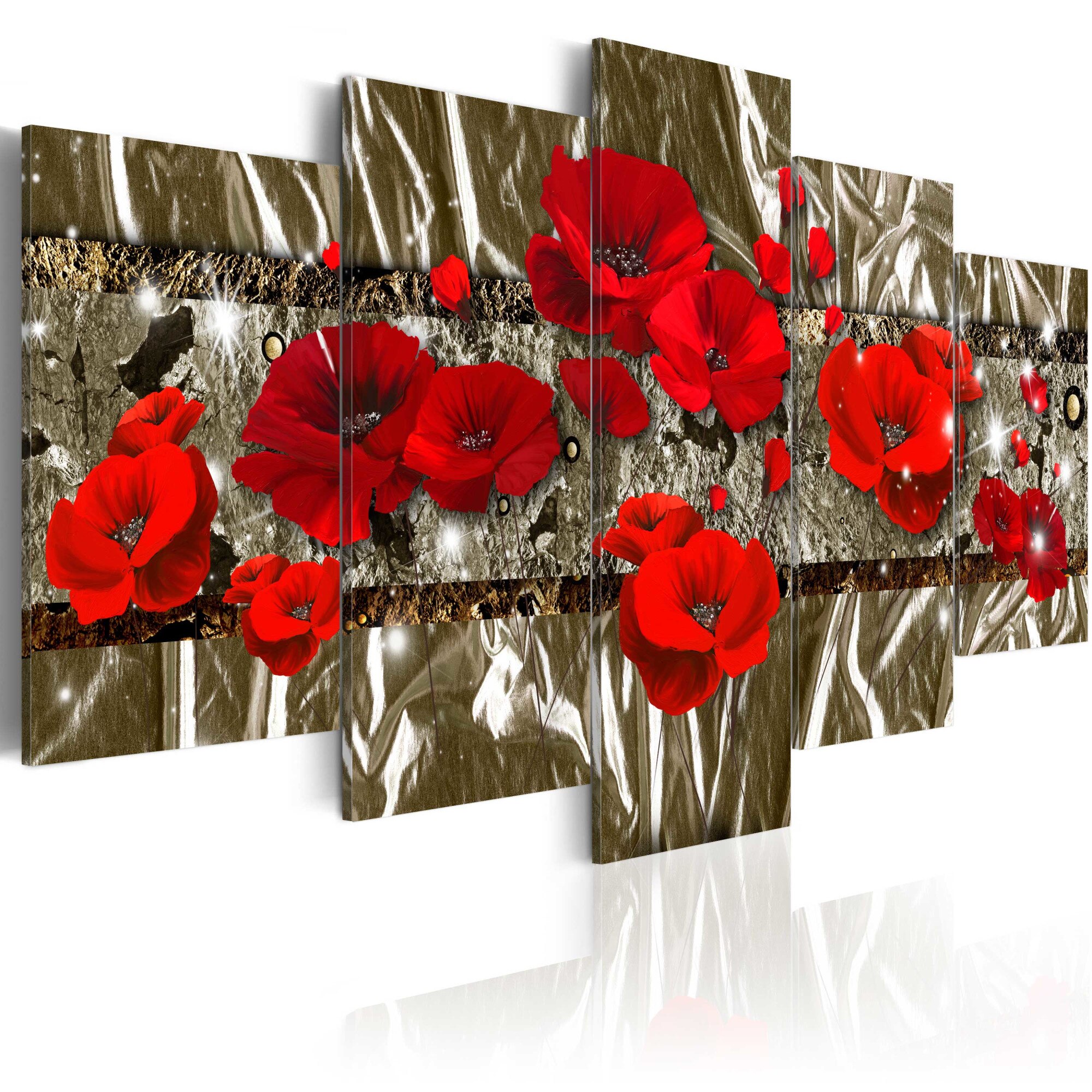 Tablou canvas 5 piese - Golden Poppies - 100x50 cm