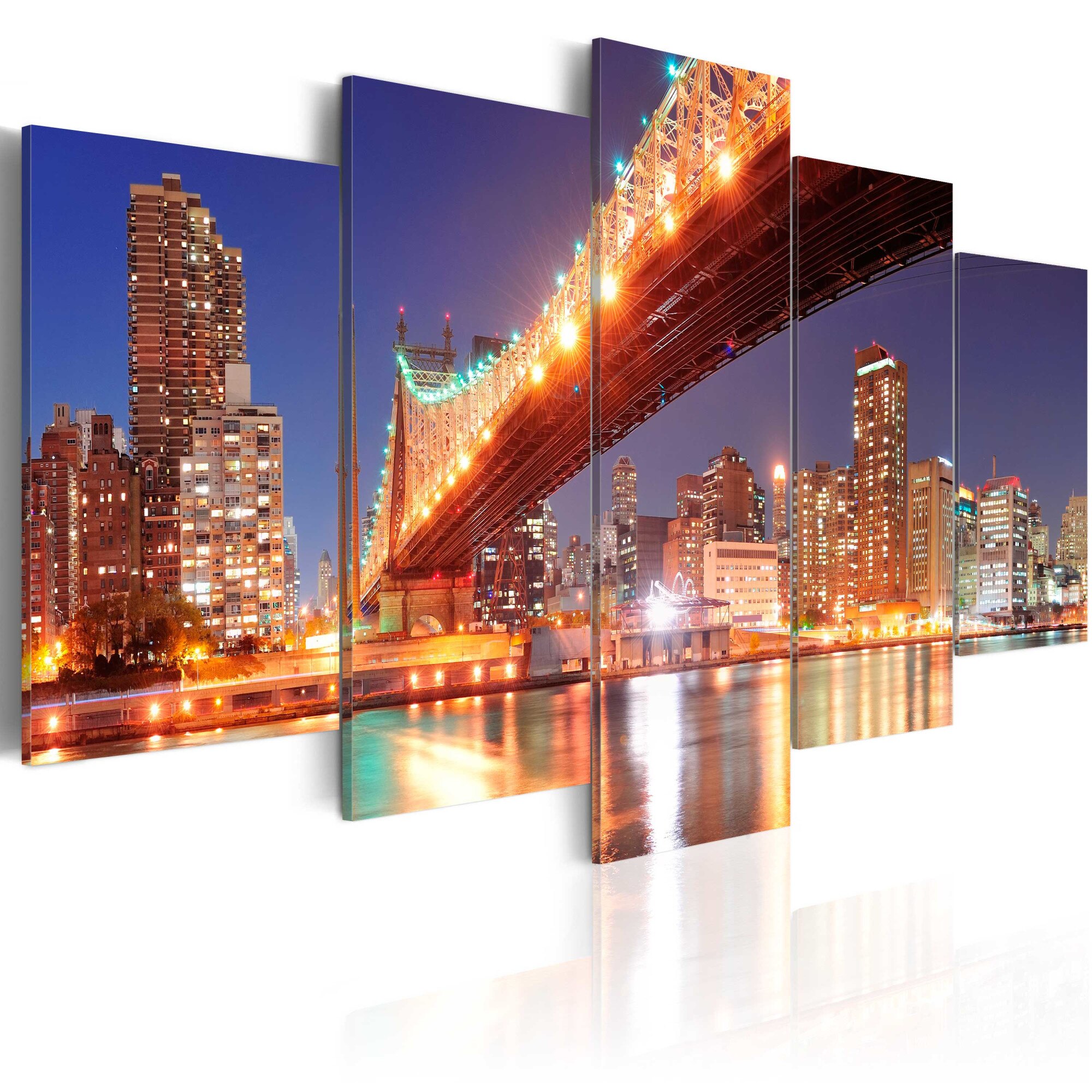 Tablou canvas 5 piese - Reflectii de aur NYC - 200x100 cm