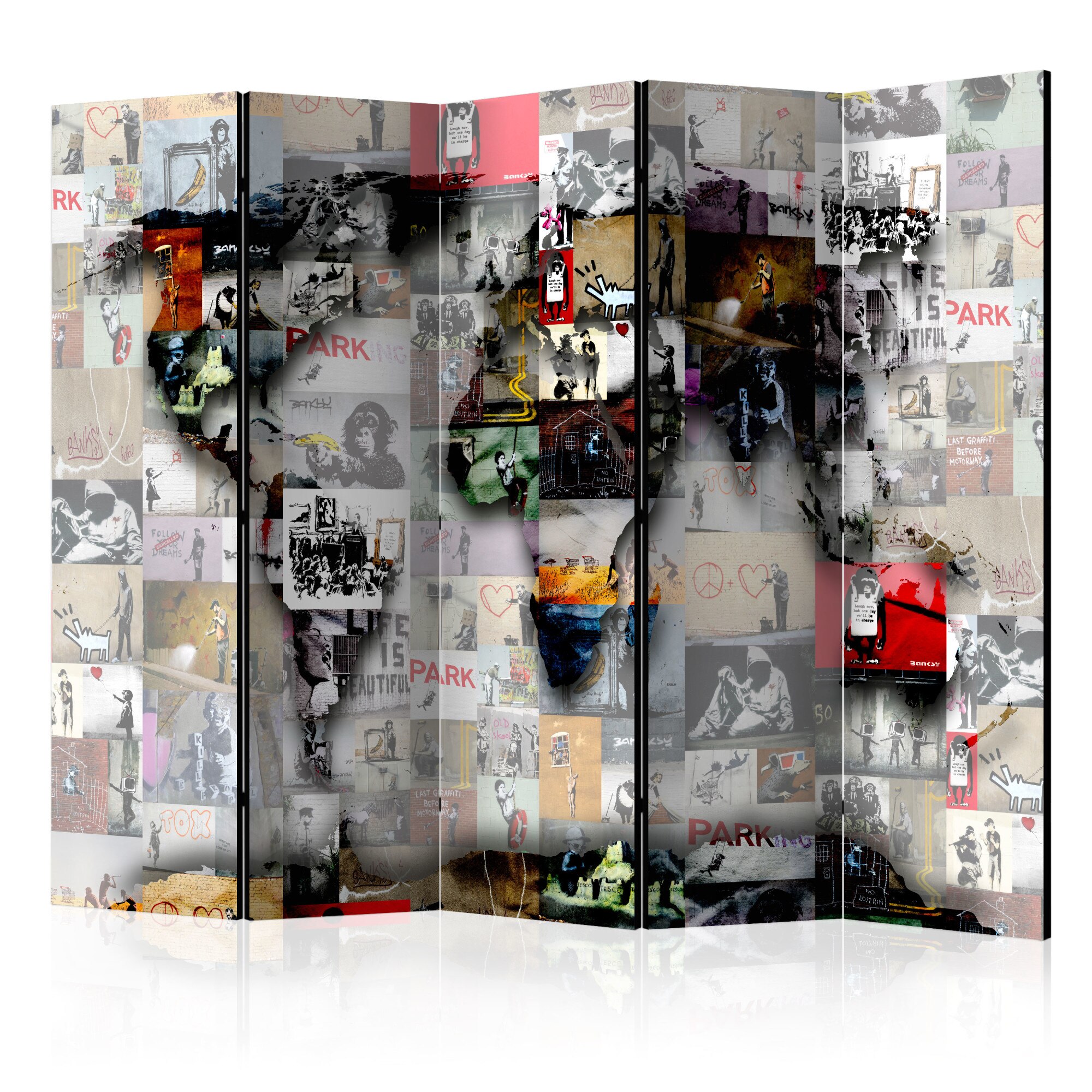 Paravan din 5 parti - Room divider /-/ World map /-/ Banksy - 225x172cm