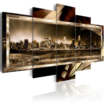 Tablou canvas 5 piese - New York: sepia de noapte - 100x50 cm Tablou canvas 5 piese - New York: sepia de noapte - 100x50 cm