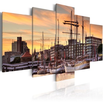 Tablou canvas 5 piese - Portul din Hamburg - 100x50 cm Tablou canvas 5 piese - Portul din Hamburg - 100x50 cm