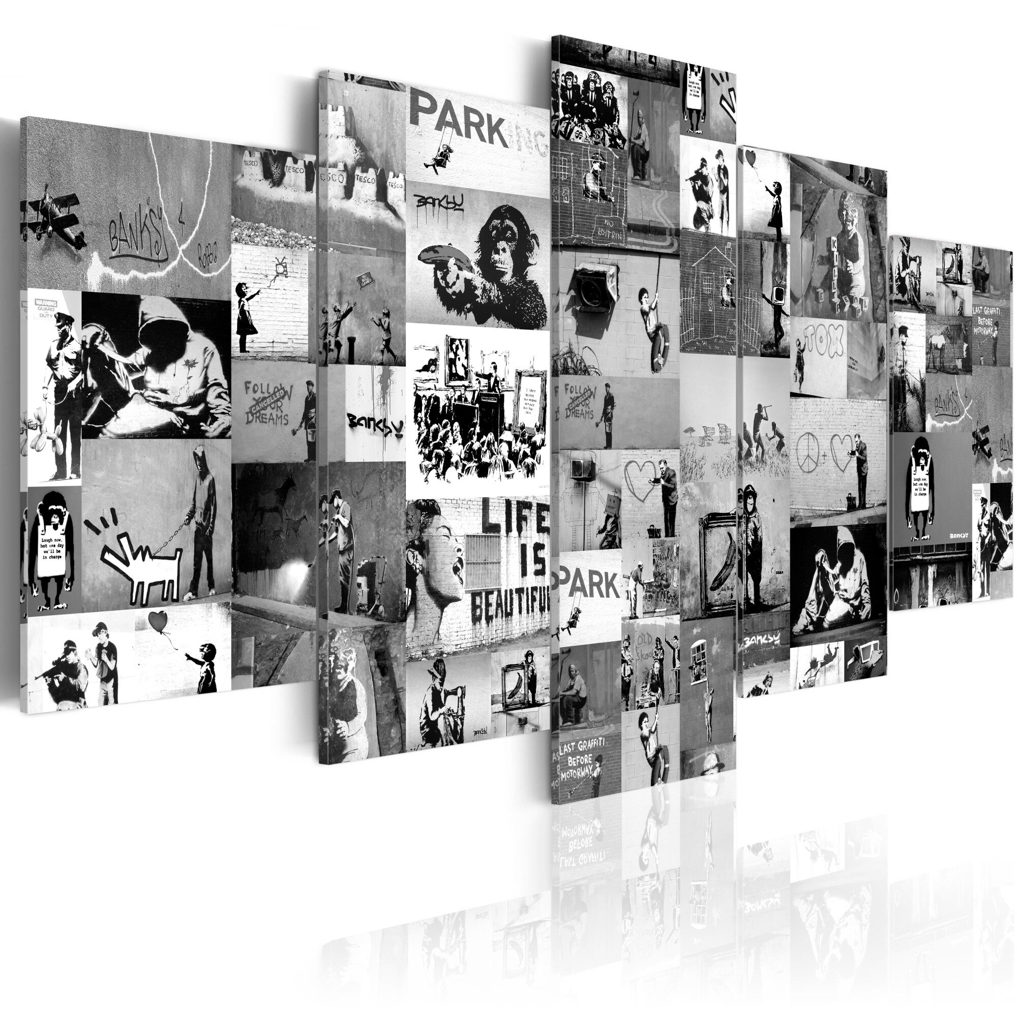 Tablou canvas 5 piese - Banksy: Graffiti Collage IV - 100x50 cm