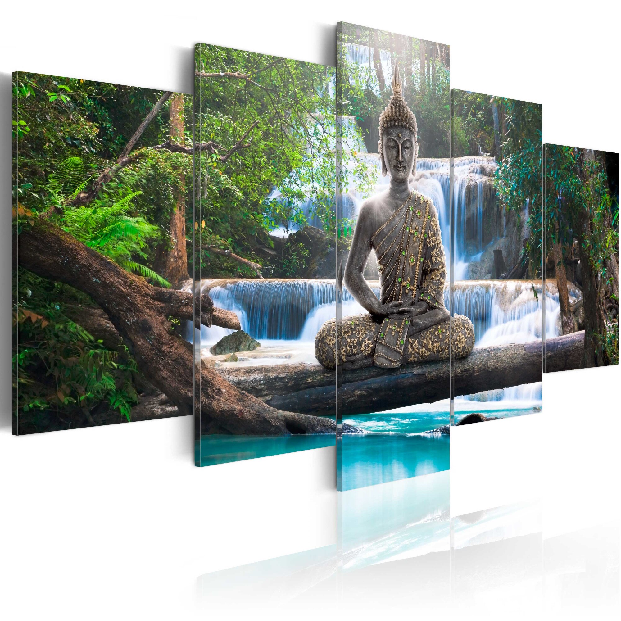 Tablou canvas 5 piese - Buddha si Cascada - 100x50 cm
