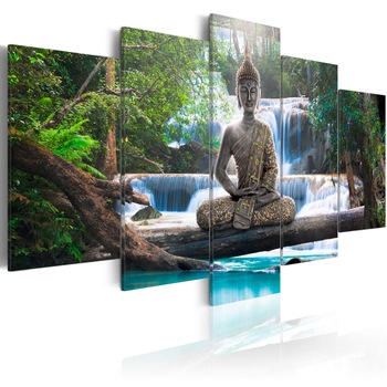 Tablou canvas 5 piese - Buddha si Cascada - 100x50 cm Tablou canvas 5 piese - Buddha si Cascada - 100x50 cm