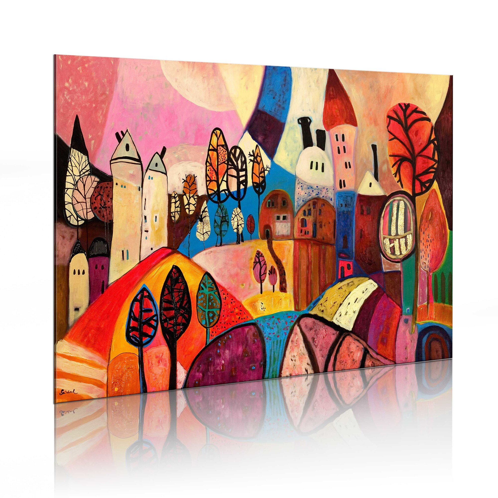 Tablou pictat manual - Satul colorat - 90 x 60 cm