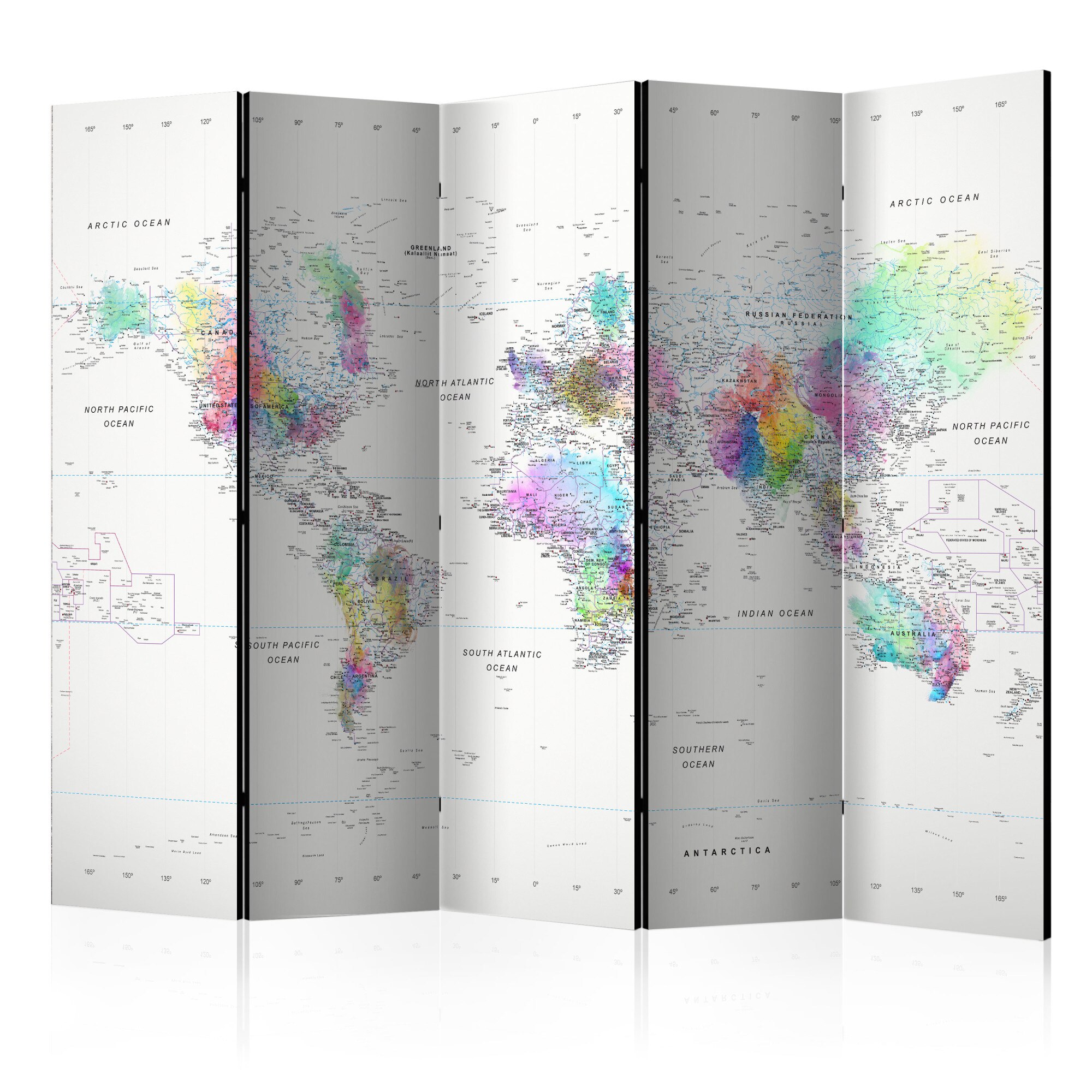 Paravan din 5 parti - Room divider /-/ White-colorful world map - 225x172cm