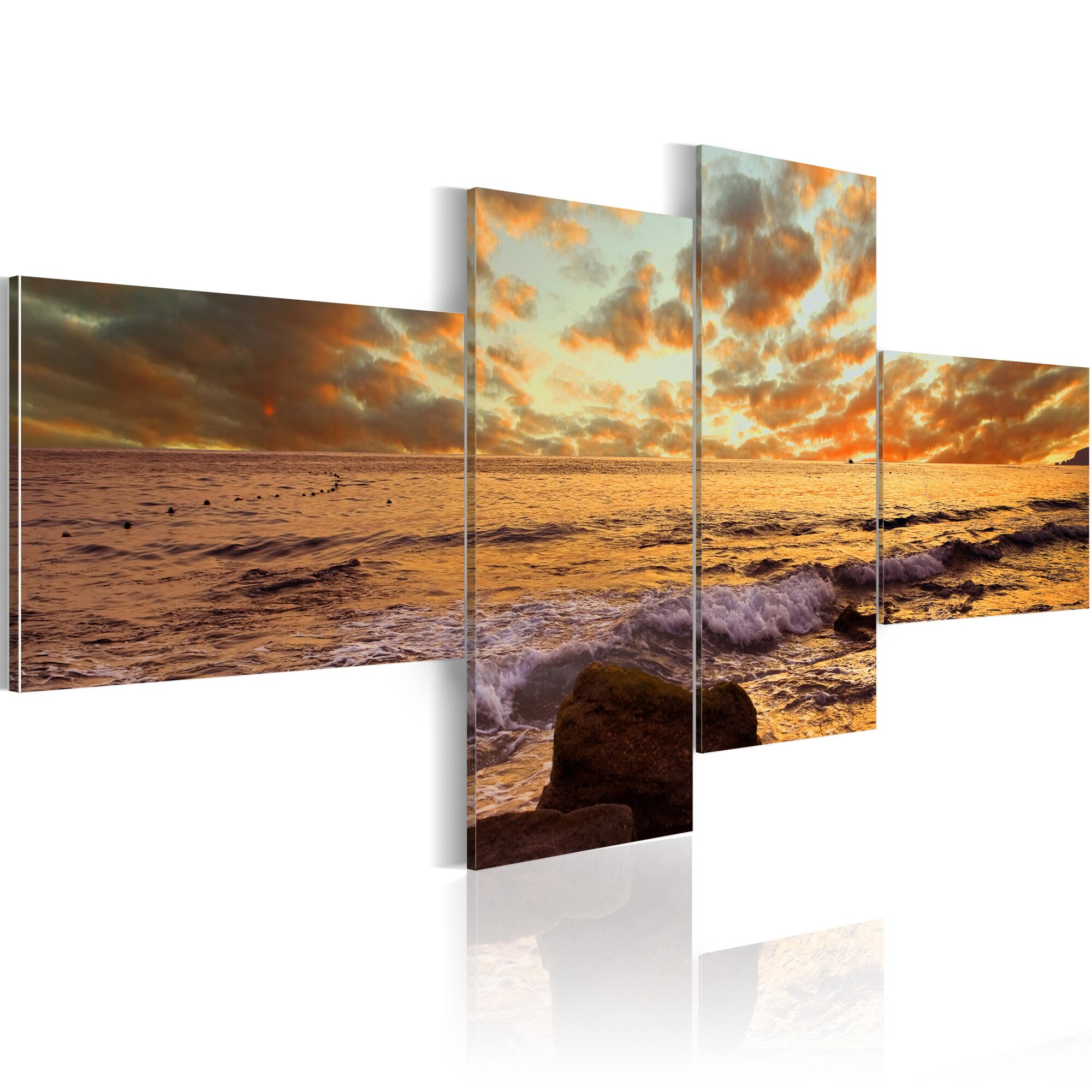 Tablou canvas 4 piese - Apus de soare peste mare - 100x45 cm