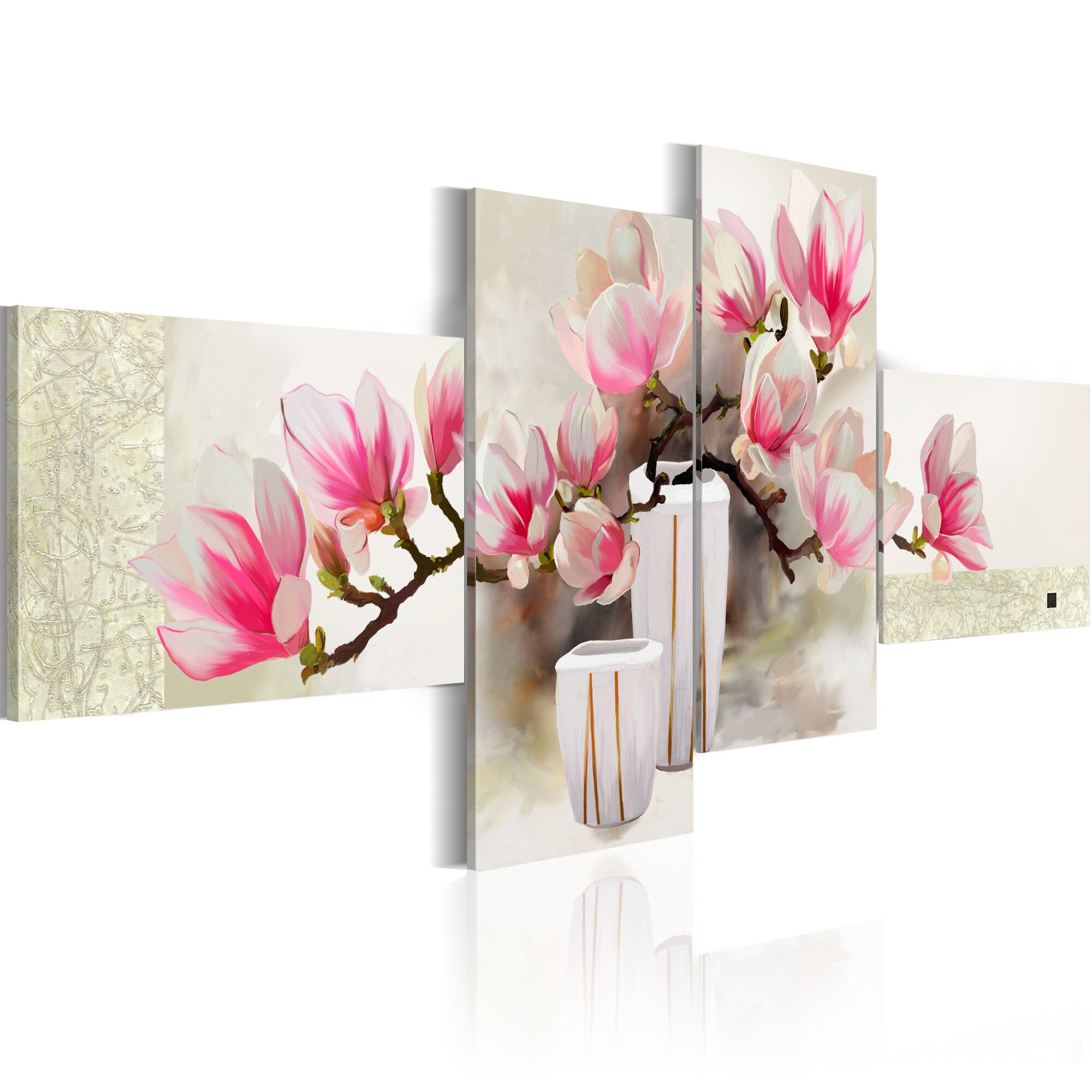 Tablou pictat manual - Parfum de magnolias - 4 piese - 100 x 45 cm