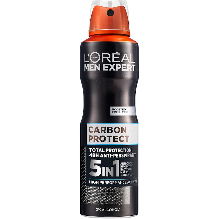 Antiperspirant spray 5-in-1 L'Oreal Paris Men Expert Carbon Protect pentru barbati, eficacitate ridicata, protectie 48 de ore, 150 ml